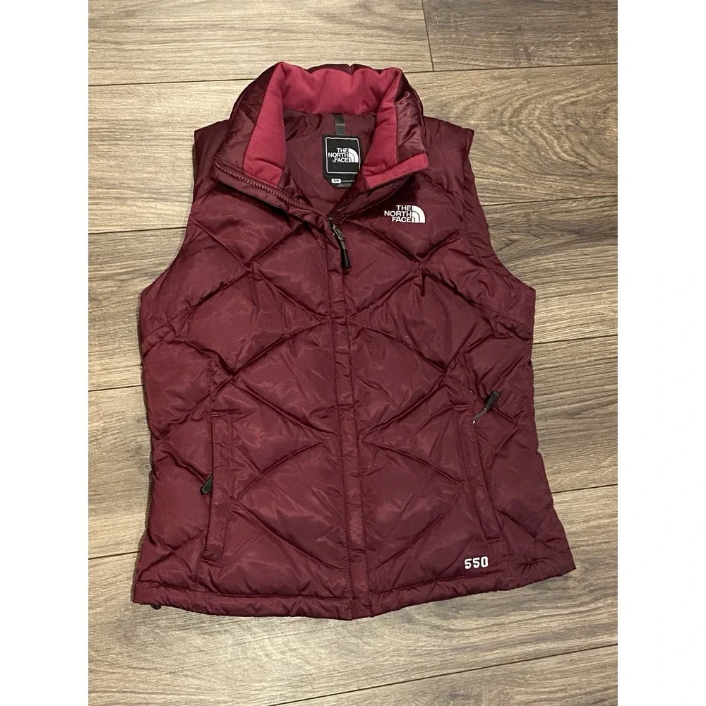 North Face Women's Sm 550 Puffer Vest Maroon Red Goose Down Full Zip Pocket‎